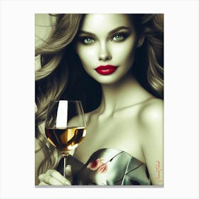 Green Eyed Girl With A Glass Of Golden Wine 2 Canvas Print