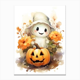 Cute Ghost With Pumpkins Halloween Watercolour 35 Canvas Print