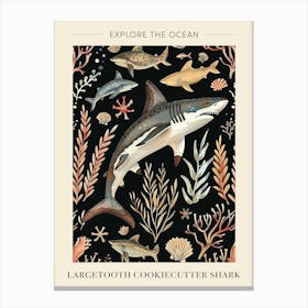 Largetooth Cookiecutter Shark Seascape Black Background Illustration 3 Poster Canvas Print