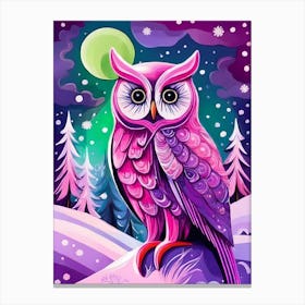 Pink Owl Snowy Landscape Painting (115) Canvas Print