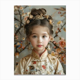 A Lovely 6 Year Old Chinese Girl, Wearing Traditional Chinese Costume For Children, In The Style Of Soft And Dreamy Pastels, Birds & Flowers, 5d Mark Iv, Plush Doll Art, High Quality, Animal Motifs, High Resolution Lienzo