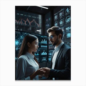 Businessman And Woman In Front Of Computer Screen Canvas Print