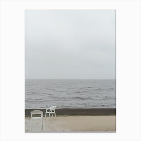 White Chairs art photo photography beige gray rainy day sea water lonelines serene contemporary Canvas Print