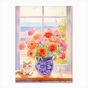 Cat With Ranunculus Flowers Watercolor Mothers Day Valentines 1 Canvas Print