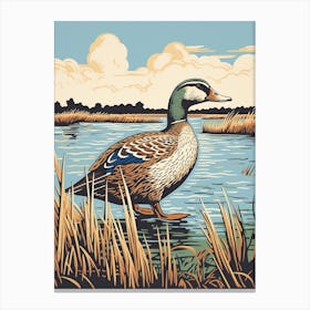 Vintage Bird Linocut Mallard Duck 3 Canvas Print