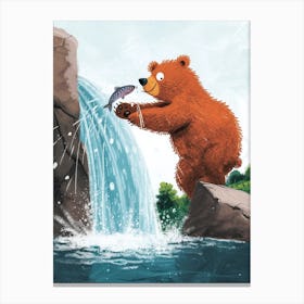 Brown Bear Catching Fish In A Waterfall Storybook Illustration 3 Canvas Print