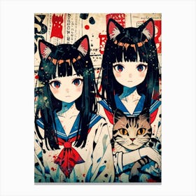 Two Anime Girls Holding A Cat Canvas Print