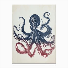 Red & Blue Simple Linocut Style Octopus 3 Canvas Print