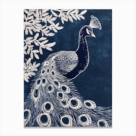 Navy Blue Inspired Peacock With Leaves 2 Canvas Print