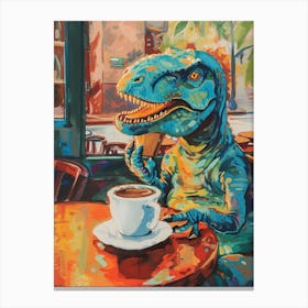Dinosaur Drinking Coffee Blue Orange Brushstroke 2 Canvas Print