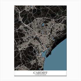 Cardiff Black Blue Map Canvas Print