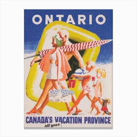 Ontario Canada's Vacation Province, Family at Beach Vintage Travel Poster Canvas Print