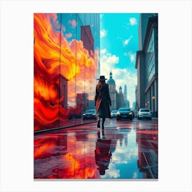 Woman Walking In The Rain - Reflective Art Canvas Print