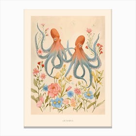 Folksy Floral Animal Drawing Octopus 2 Poster Canvas Print