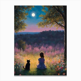 Beautiful Moment ~ A Girl and Her Cat Watch the Moon Canvas Print