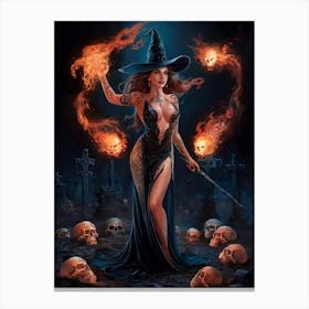 Sexy Gorgeous Witch with Fireballs Painting #2 Canvas Print