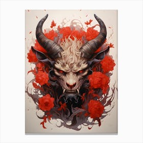 Sinister Horned Demon With Red Roses Canvas Print