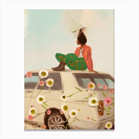 Woman Sitting On Car Roof With Flowers Canvas Print