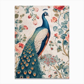 Cream Floral Peacock Wallpaper Inspired Canvas Print