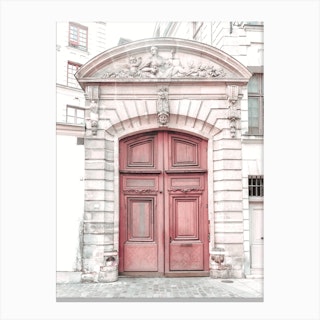 Paris Pink Door In Beige Canvas Print