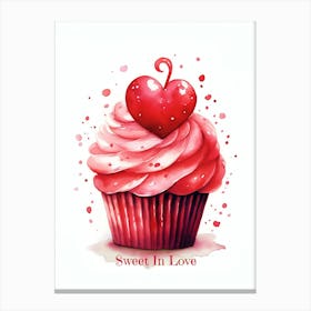 Red Heart Cupcake Watercolor Sweet Valentine Canvas Print