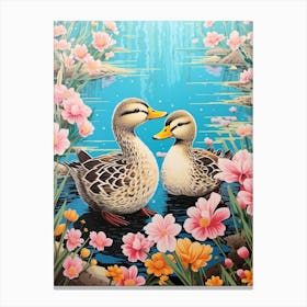 Duck & Duckling In The Flowers Japanese Woodblock Style 6 Canvas Print