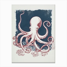 Retro Red Navy Octopus Linocut Style 6 Canvas Print