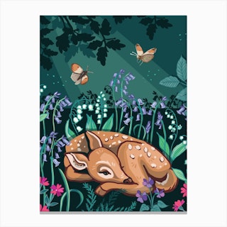 Sleepy Fawn In Bluebell Woods Canvas Print