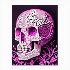 Skull With Intricate Linework 1 Pink Line Drawing Canvas Print