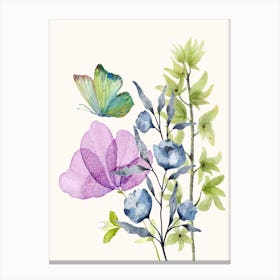 Watercolor Of Flowers And Butterflies Canvas Print