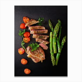 Juicy steak beef with spices, tomatoes, asparagus — Food kitchen poster/blackboard, photo art Canvas Print