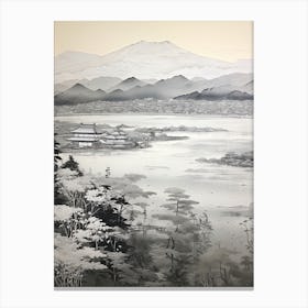 Amanohashidate In Kyoto, Ukiyo E Black And White Line Art Drawing 8 Canvas Print