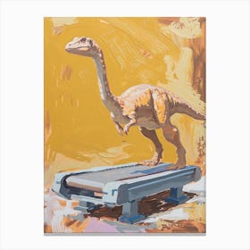 Mustard Brushstrokes Dinosaur On A Treadmill Canvas Print