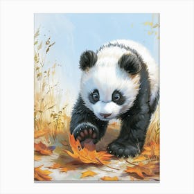 Giant Panda Cub Playing With A Fallen Leaf Storybook Illustration 4 Canvas Print