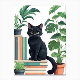 Black Cat On Books Canvas Print