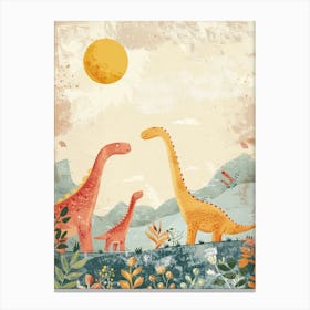 Dinosaur Family With Sun Watercolour Canvas Print