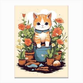 Kawaii Cat Drawings Gardening 5 Canvas Print