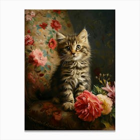 Kitten With Pink Flowers Rococo Inspired 2 Canvas Print