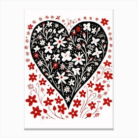 Blooming Floral Heart Black & Red Canvas Print
