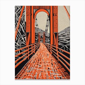 Golden Gate San Francisco Linocut Illustration Style 3 Canvas Print