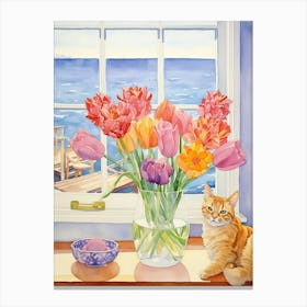 Cat With Tulip Flowers Watercolor Mothers Day Valentines 2 Canvas Print