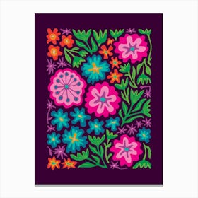 SAYULITA 70s Mexican-Inspired Tropical Floral Botanical in Bright Rainbow Colours on Deep Purple Canvas Print