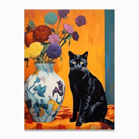 Forget Me Not Flower Vase And A Cat, A Painting In The Style Of Matisse 0 Canvas Print