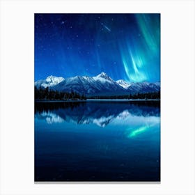 Starry Lake Reflecting Snow Capped Mountains Northern Lights Streaking Across The Indigo Sky Const Canvas Print