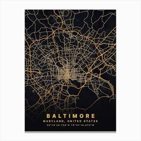 Baltimore Maryland USA Black And Gold Map Canvas Print