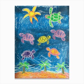 Sea Turtle Palm Tree Scribble Pattern  Canvas Print