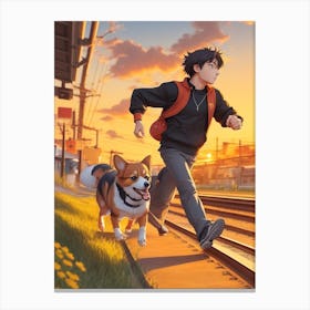 Dreamshaper V7 Anime Style Style Young Man Running Next To A P 0 Canvas Print