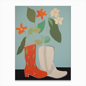 A Painting Of Cowboy Boots With Red Flowers, Pop Art Style 3 Canvas Print
