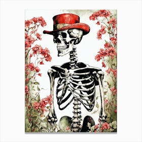Floral Skeleton With Hat Ink Painting (40) Canvas Print