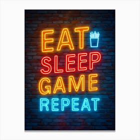 Eat Sleep Game Repeat Neon Sign Gaming Poster Wall Decor Canvas Print